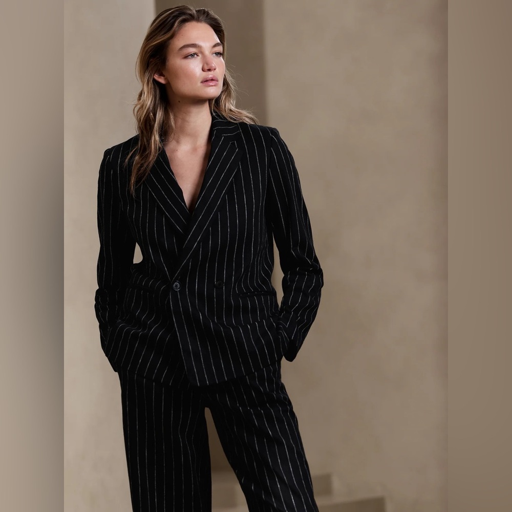 Banana Republic Linen Cotton Double Breasted Blazer Black Pinstripe 6 NWT